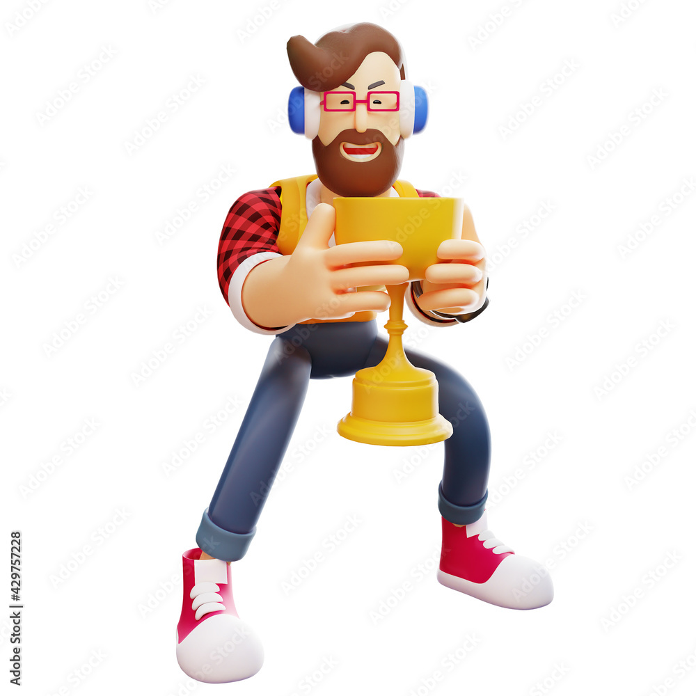A Man Cartoon Design holding a trophy with two hands A Man Cartoon Design holding a trophy with two hands