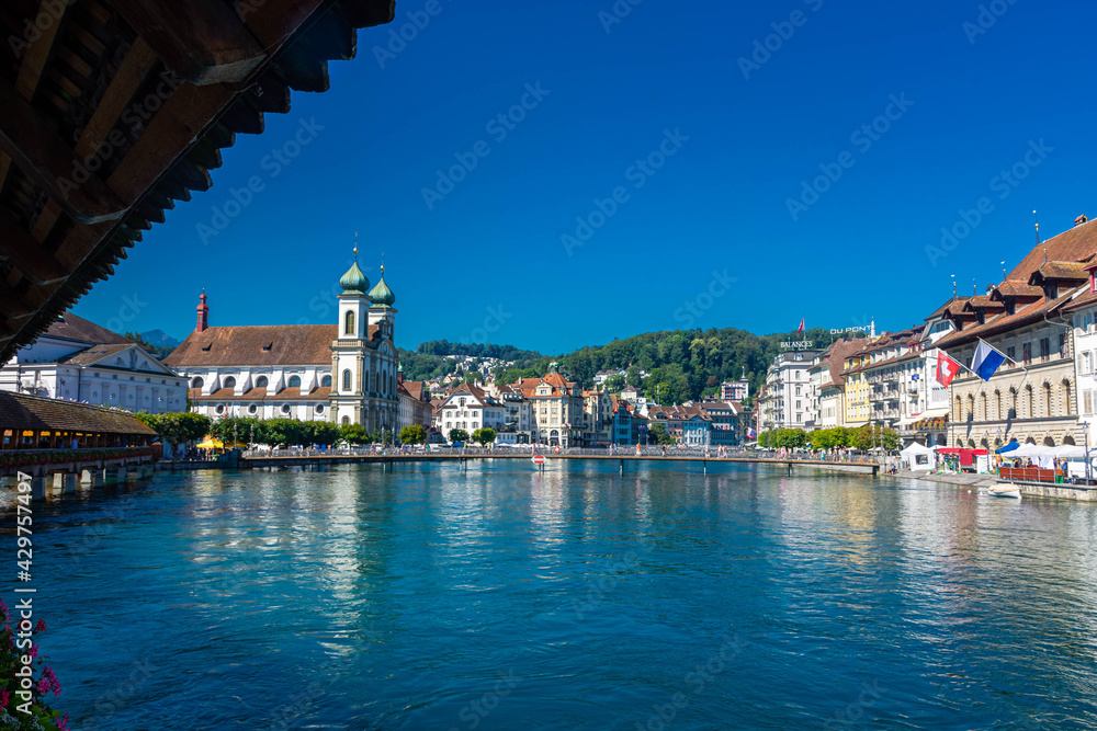 LUCERNE, SWITZERLAND, 8 AUGUST 2020: beautiful view of the Lucerne church and the river