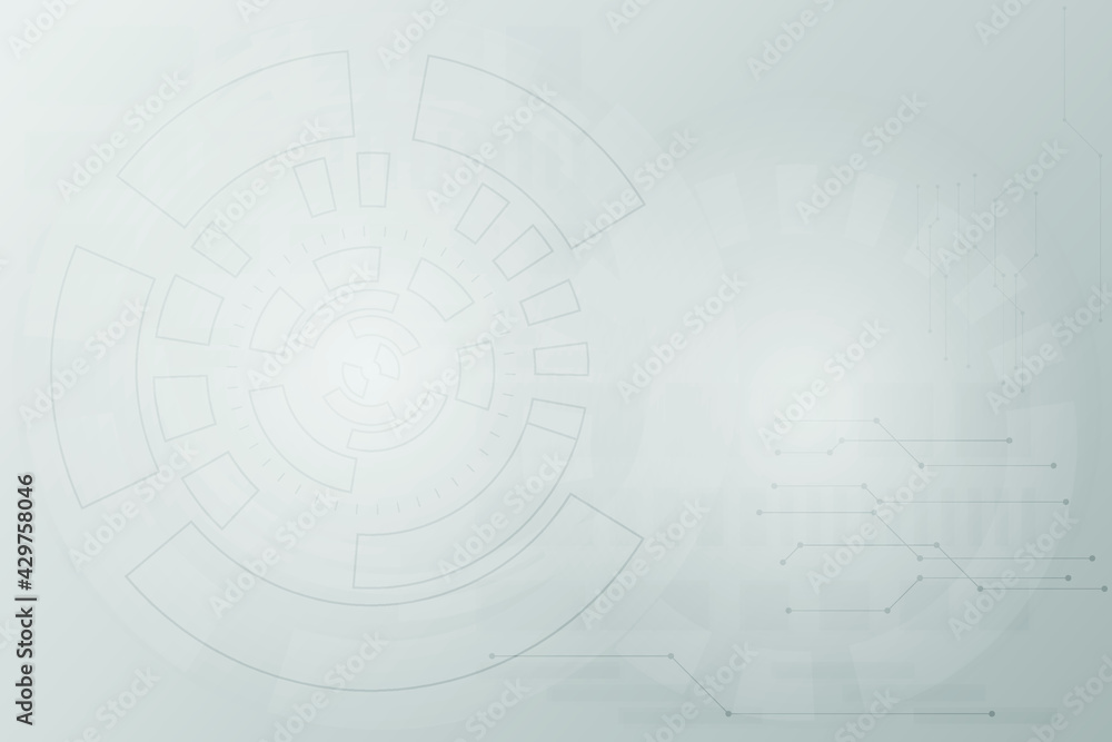 Abstract Grey Technology background with line circle and light. Mechanical engineering template with line and dot connection. Big Data structure with abstract design. 