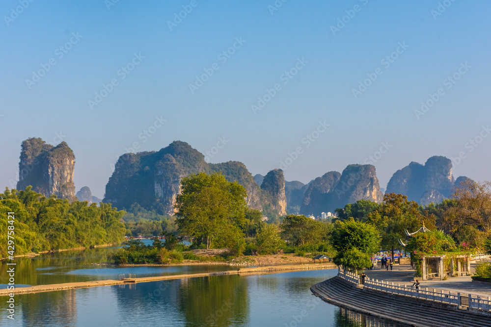 YANGSHUO, CHINA, 6 DECEMBER 2019:Landscape of the Li River in Yangshuo, China YANGSHUO, CHINA, 6 DECEMBER 2019:Landscape of the Li River in Yangshuo, China