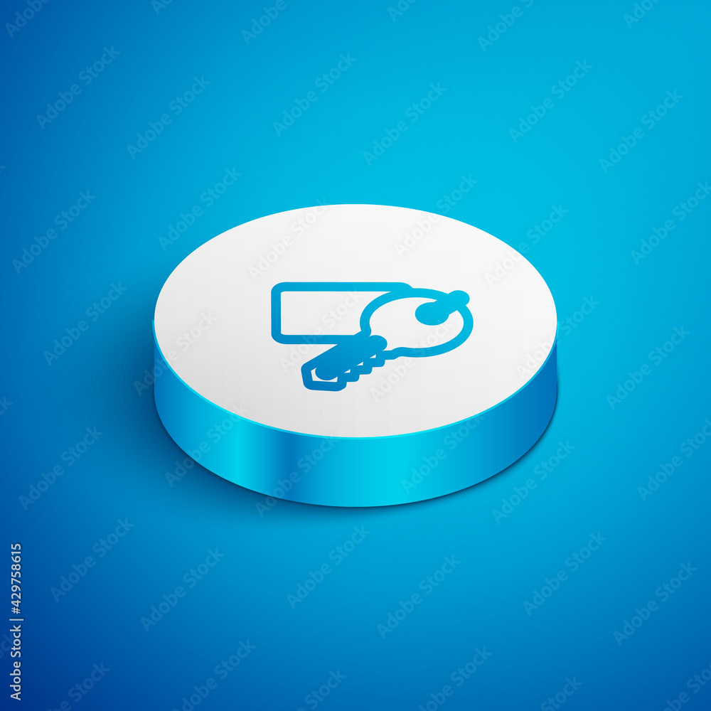 Isometric line Marked key icon isolated on blue background. White circle button. Vector Isometric line Marked key icon isolated on blue background. White circle button. Vector