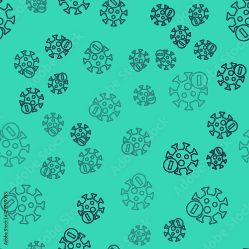 Black line Negative virus icon isolated seamless pattern on green background. Corona virus 2019-nCoV. Bacteria and germs, cell cancer, microbe, fungi. Vector.