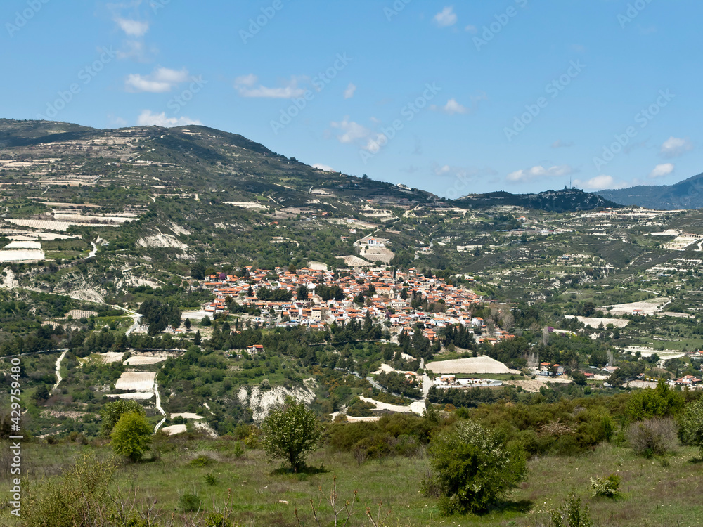 View of mountains with village on the slope