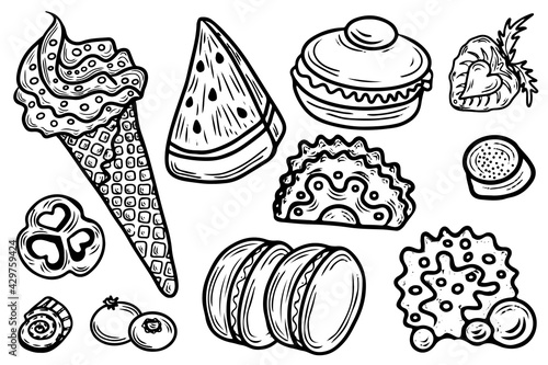 Coloring page with cake, cupcake, candy and other dessert with berry