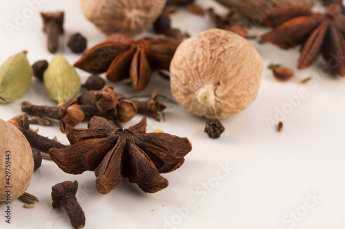 Spices: cinnamon and anise stars Cloves and cardamom Stock photo