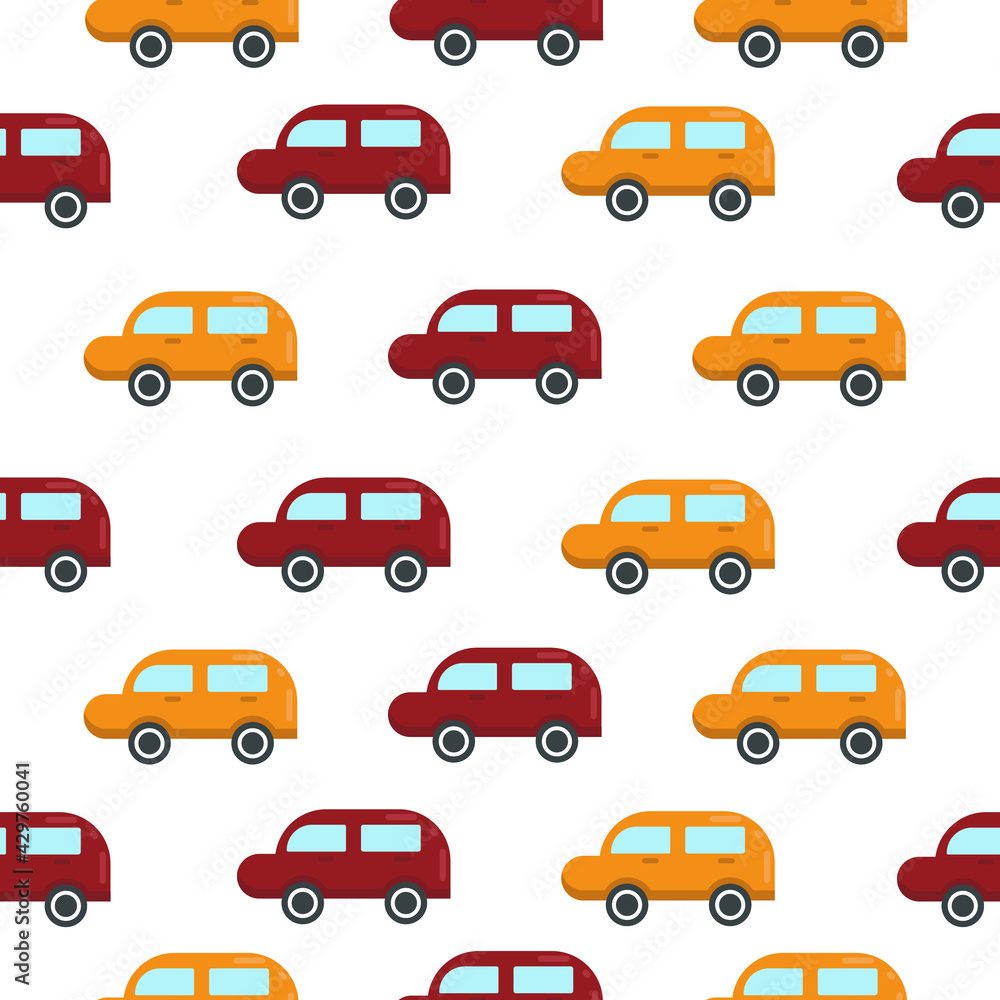 Cute baby pattern of bright multi-colored red x and orange cars. Vector
