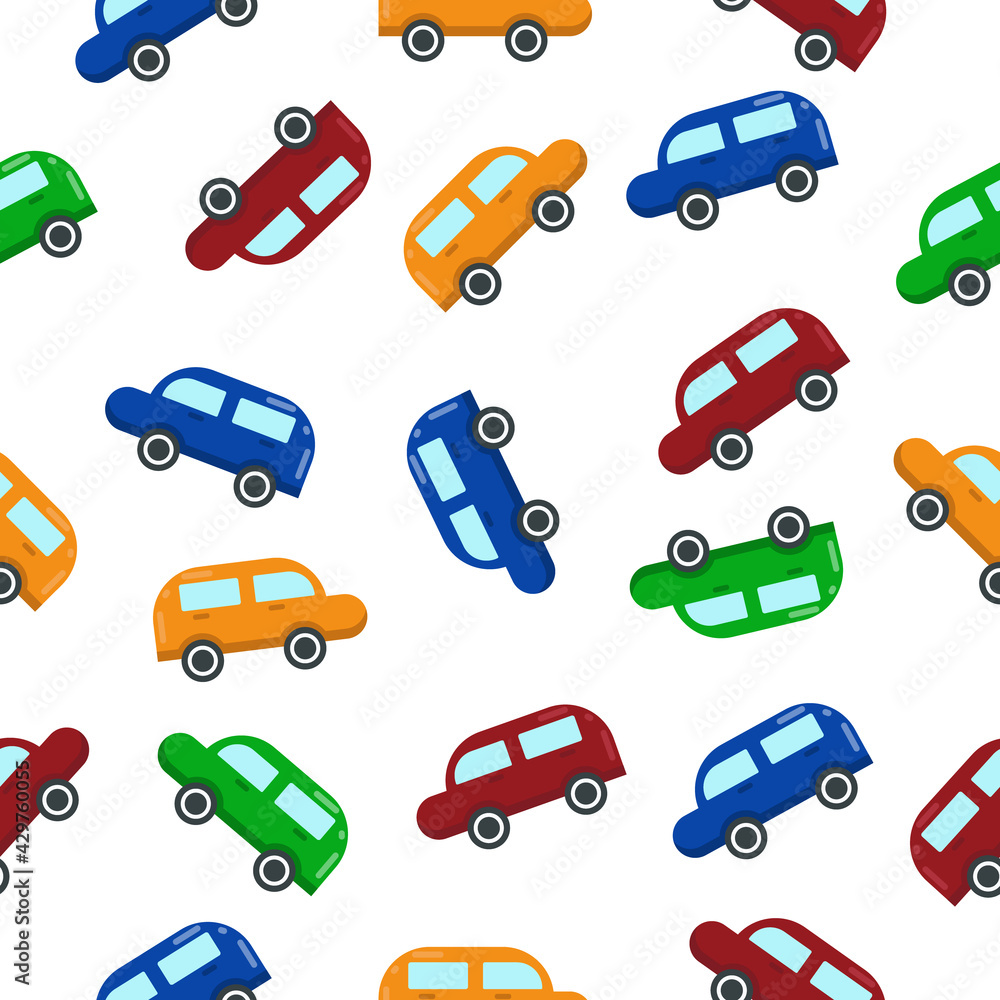 Cute baby pattern of bright multi-colored blue red green and orange cars. Vector Cute baby pattern of bright multi-colored blue red green and orange cars. Vector