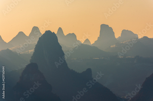 Sunlight over the beautiful karst landscape of Xingping, Guilin, China