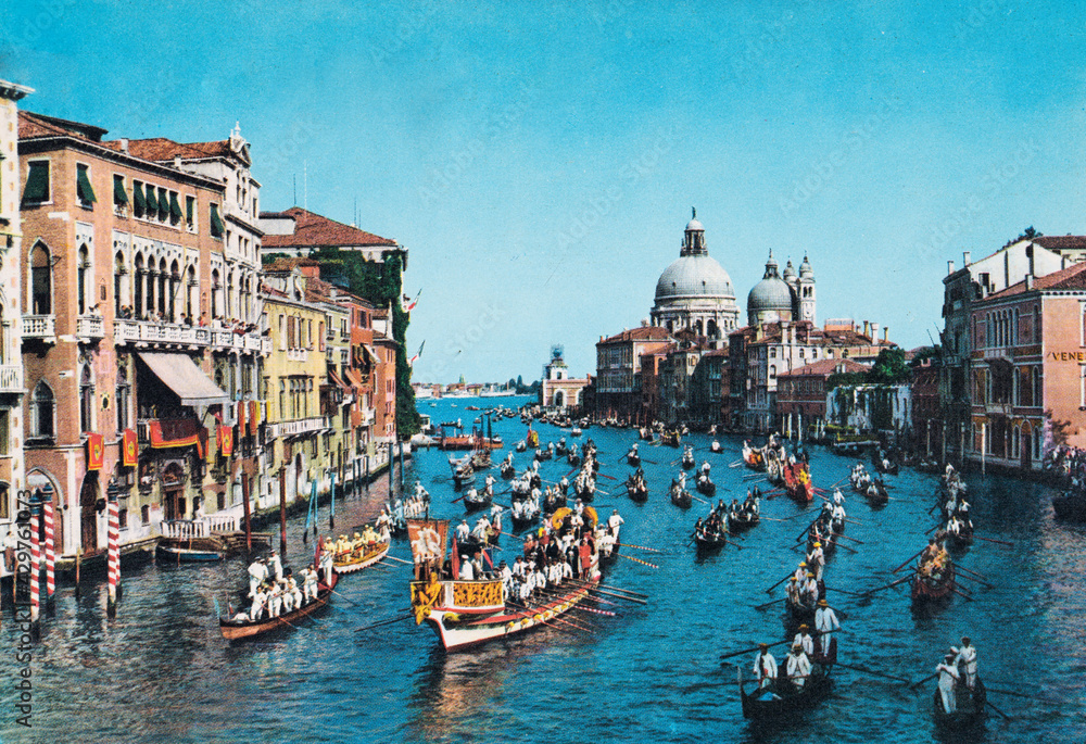 venice grand canal with historic regatta from the 70s
