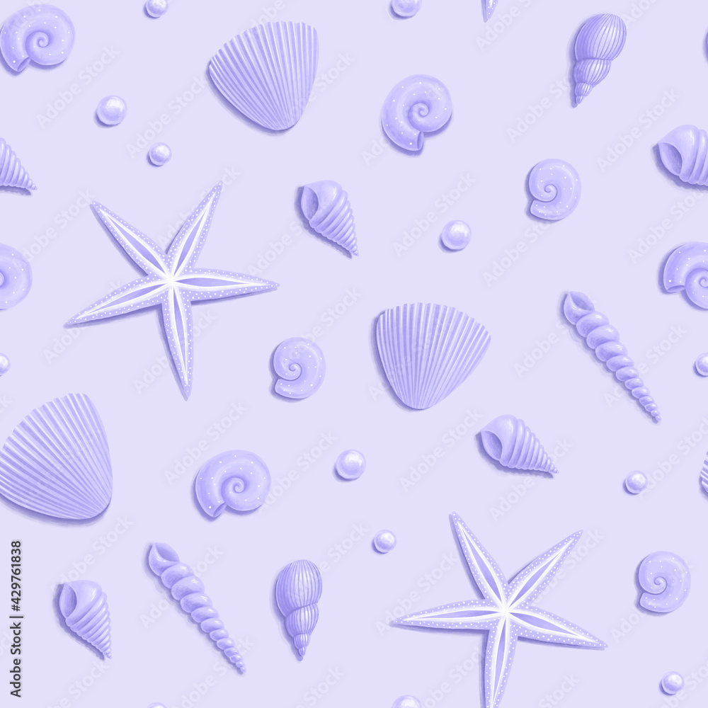Seamless pattern with beautiful seashells, starfish and pearls on lavender background. Ocean background.