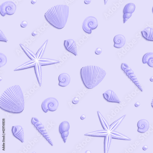 Seamless pattern with beautiful seashells, starfish and pearls on lavender background. Ocean background.