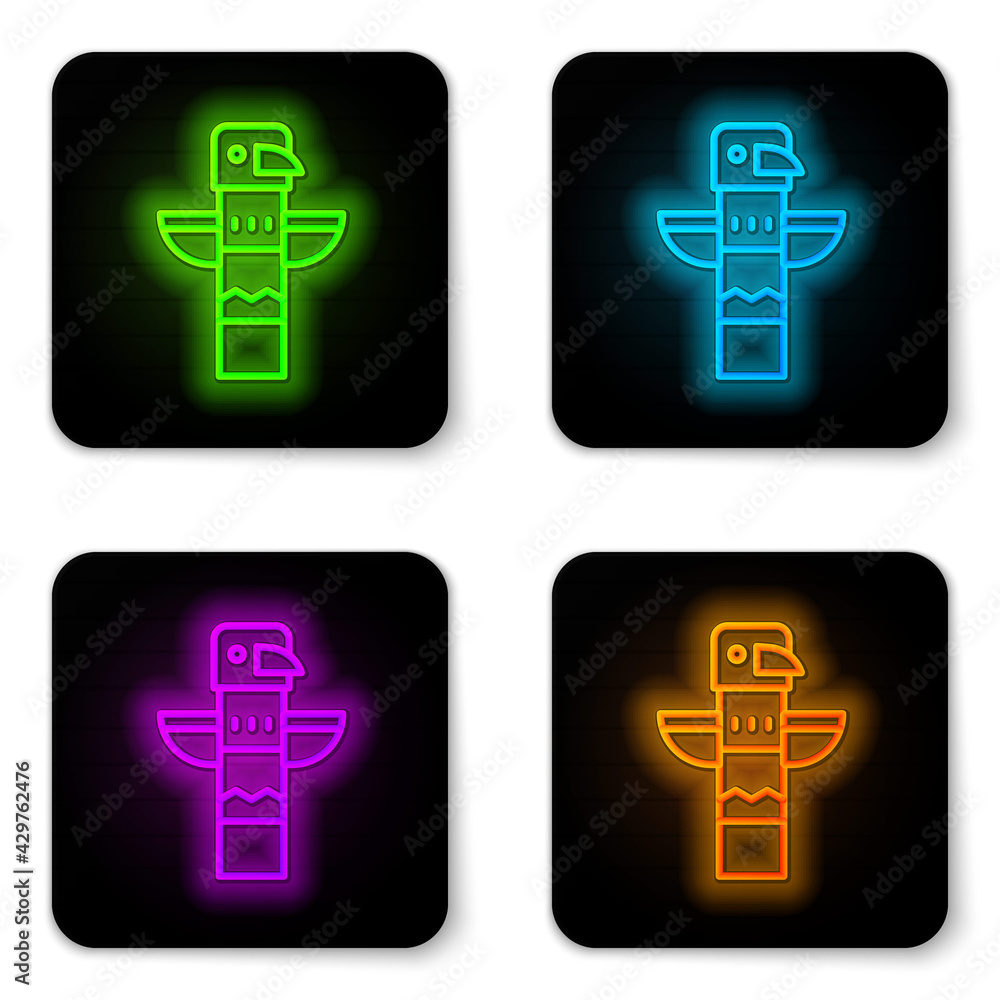 Obraz premium Glowing neon line Canadian totem pole icon isolated on white background. Black square button. Vector