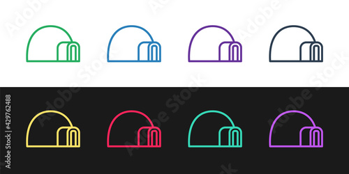 Set line Igloo ice house icon isolated on black and white background. Snow home, Eskimo dome-shaped hut winter shelter, made of blocks. Vector
