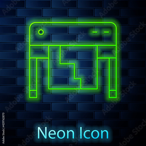 Glowing neon line Plotter icon isolated on brick wall background. Large format multifunction printer. Polygraphy, printshop service. Vector