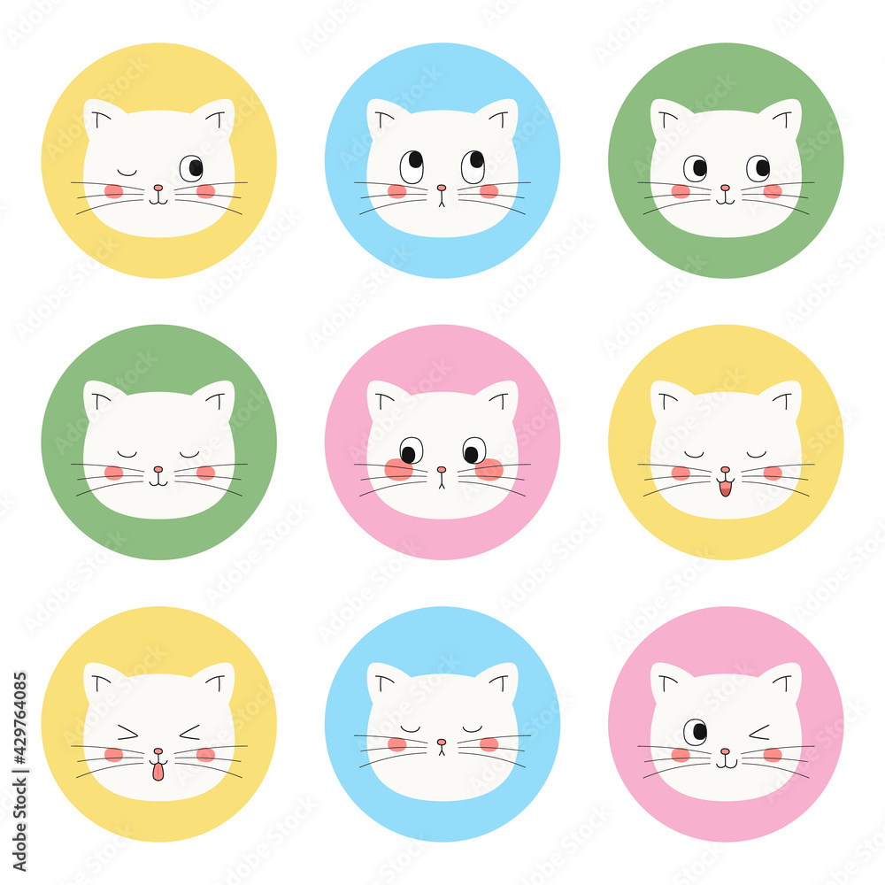 cute white cat icon vector set. cute cats with different expressions