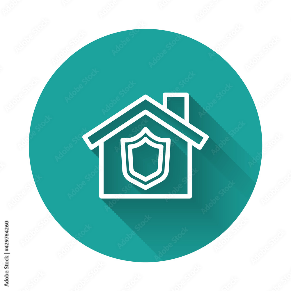 White line House with shield icon isolated with long shadow background. Insurance concept. Security, safety, protection, protect concept. Green circle button. Vector White line House with shield icon isolated with long shadow background. Insurance concept. Security, safety, protection, protect concept. Green circle button. Vector