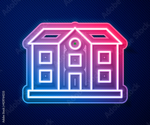 Glowing neon line House icon isolated on blue background. Home symbol. Vector