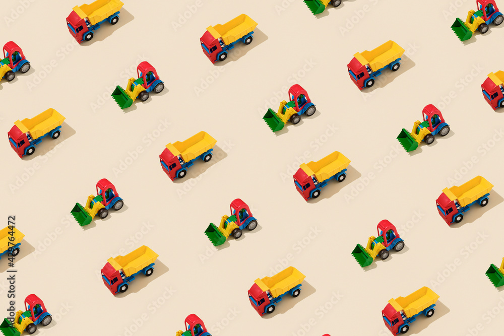 Naklejka premium Truck and Tractor Creative Pattern on Yellow Background - Top View