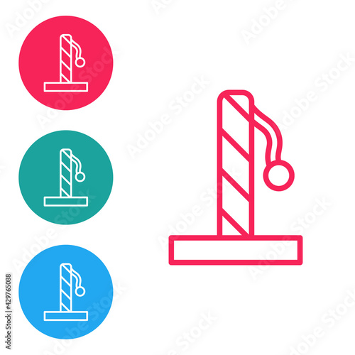 Red line Cat scratching post with toy icon isolated on white background. Set icons in circle buttons. Vector