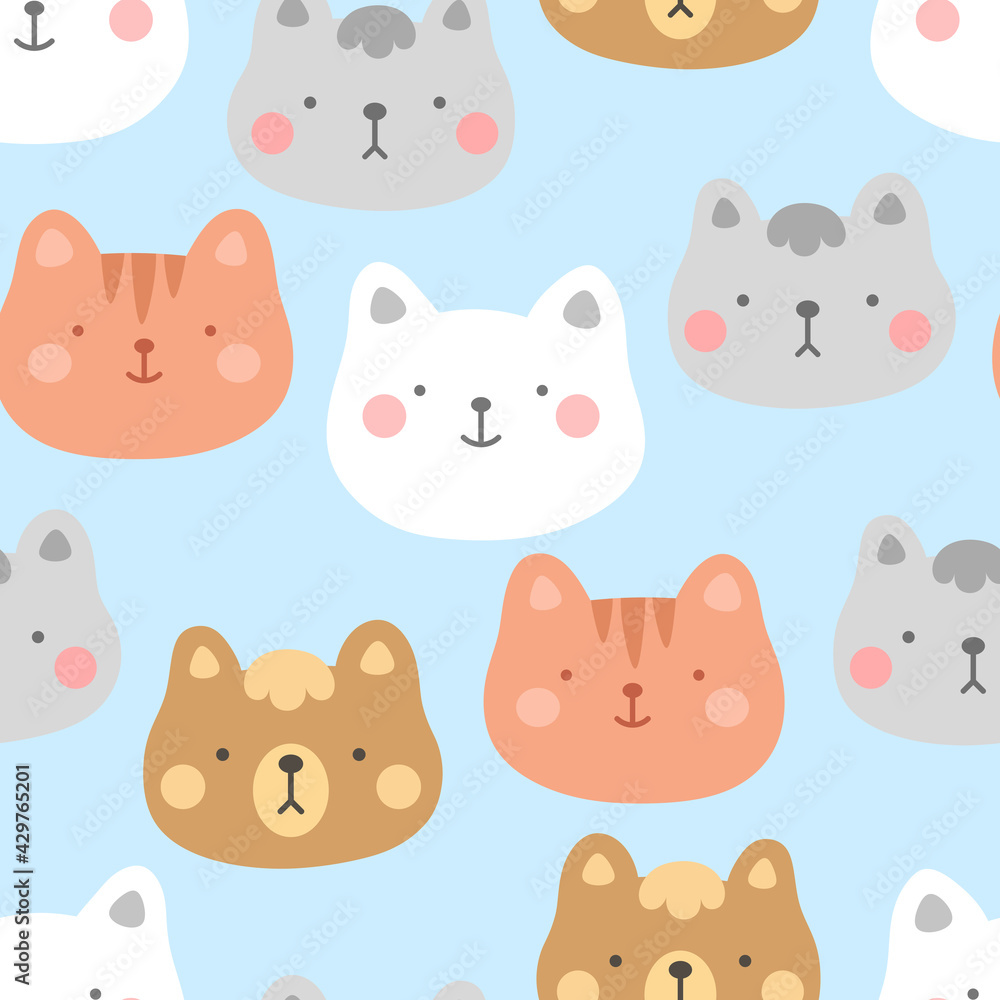 cats with cute kitty paw seamless pattern, doodle cat animals background, kitten vector illustration