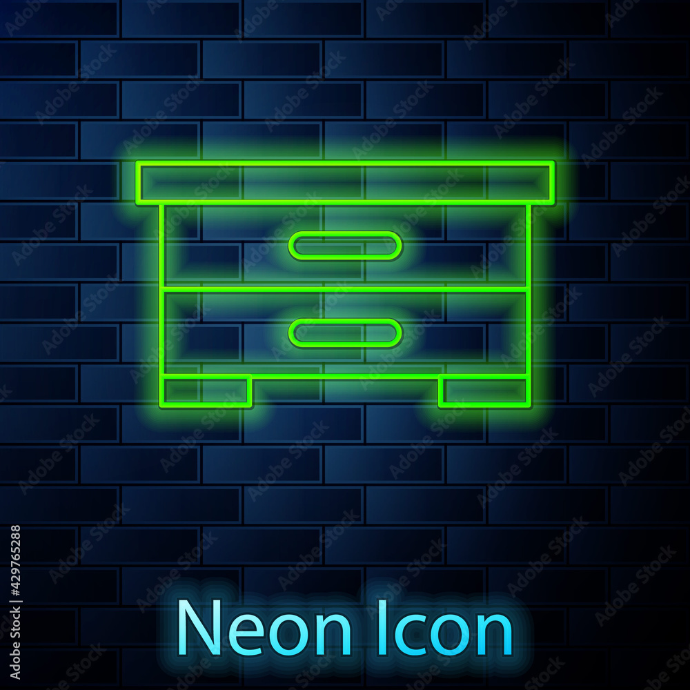 Glowing neon line Hive for bees icon isolated on brick wall background. Beehive symbol. Apiary and beekeeping. Sweet natural food. Vector Glowing neon line Hive for bees icon isolated on brick wall background. Beehive symbol. Apiary and beekeeping. Sweet natural food. Vector