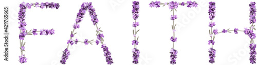 vector inscription Faith in the form of lavender sprigs in bright purple tones