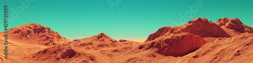 Fotografia Mars landscape panorama, 3d render of imaginary mars planet terrain, orange desert with mountains, realistic science fiction illustration