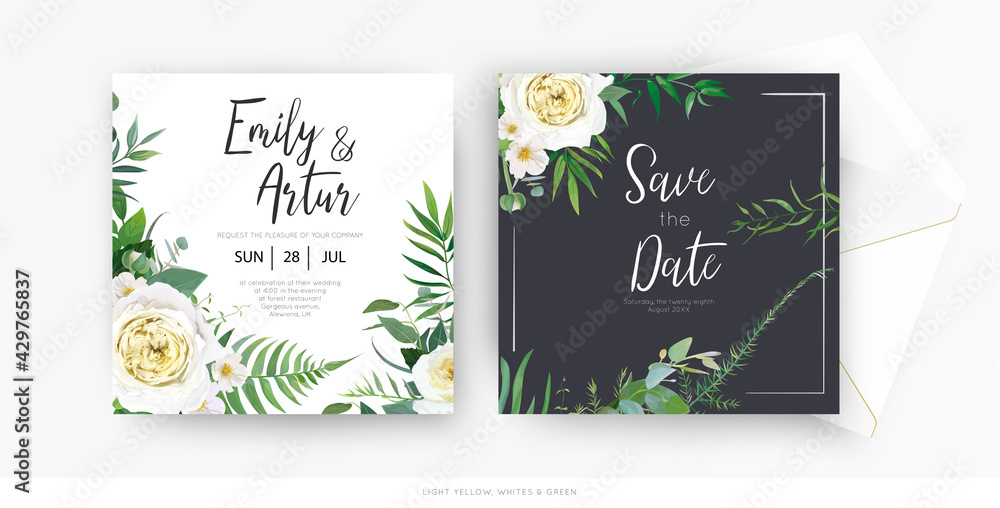 Stylish vector floral watercolor wedding invite save the date set card template set. Yellow, white roses, camellia flowers, greenery eucalyptus, green forest fern leaves, herbs botanical frame, border