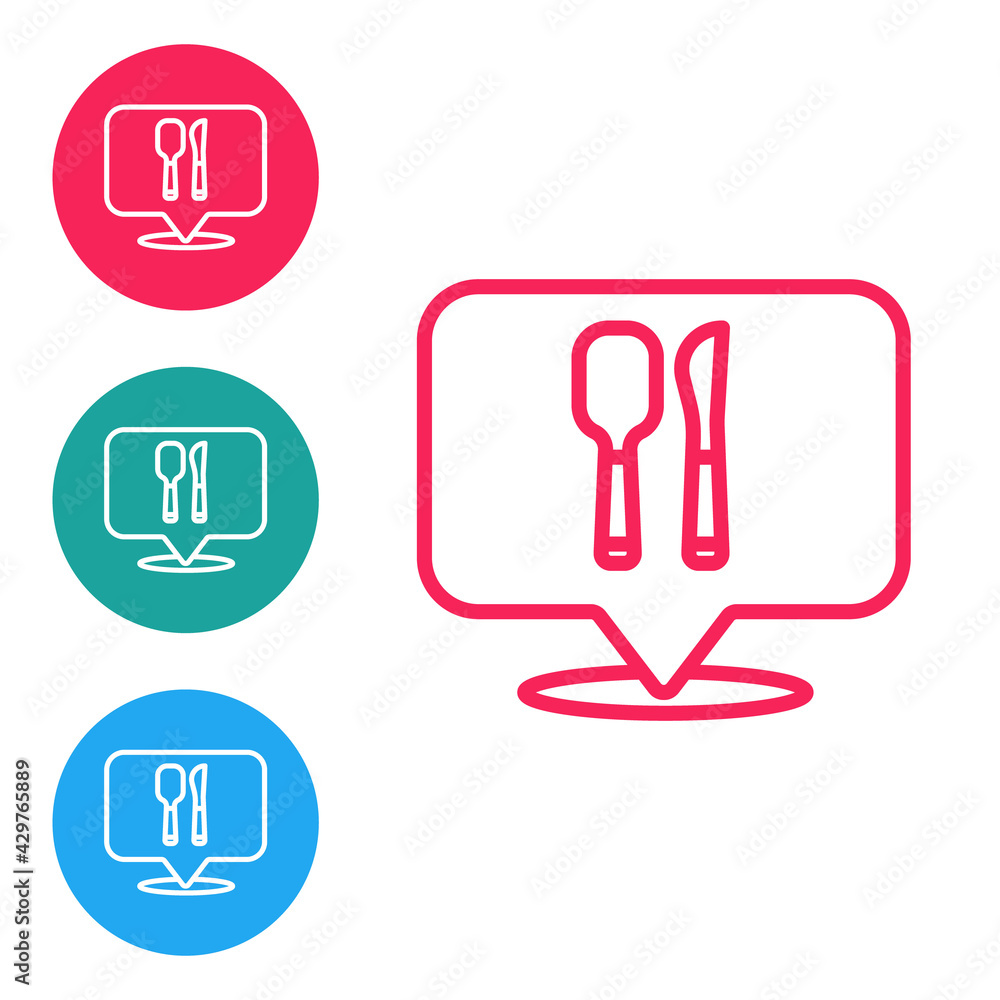 Red line Cafe and restaurant location icon isolated on white background. Fork and spoon eatery sign inside pinpoint. Set icons in circle buttons. Vector. Red line Cafe and restaurant location icon isolated on white background. Fork and spoon eatery sign inside pinpoint. Set icons in circle buttons. Vector.
