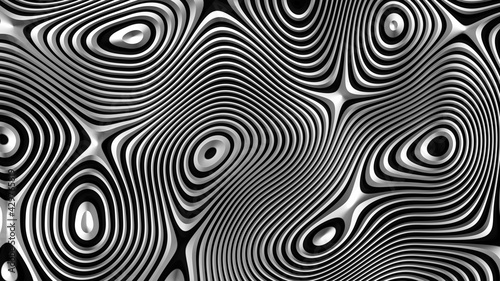 Abstract background black and white, fancy metallic lines, circular striped pattern, 3D render illustration.