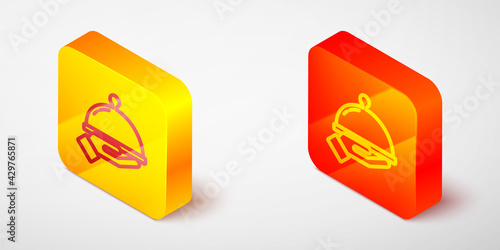 Free Download Isometric line Covered with a tray of food icon isolated on grey background. Tray and lid sign. Restaurant cloche with lid. Yellow and orange square button. Vector - GFXLoad