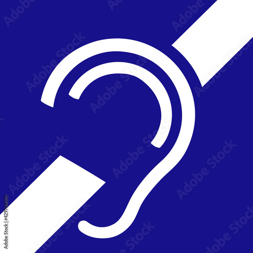 Deaf symbol. Vector illustration of blue square traffic sign with deafness icon inside. Hearing loss or hard of hearing symbol.