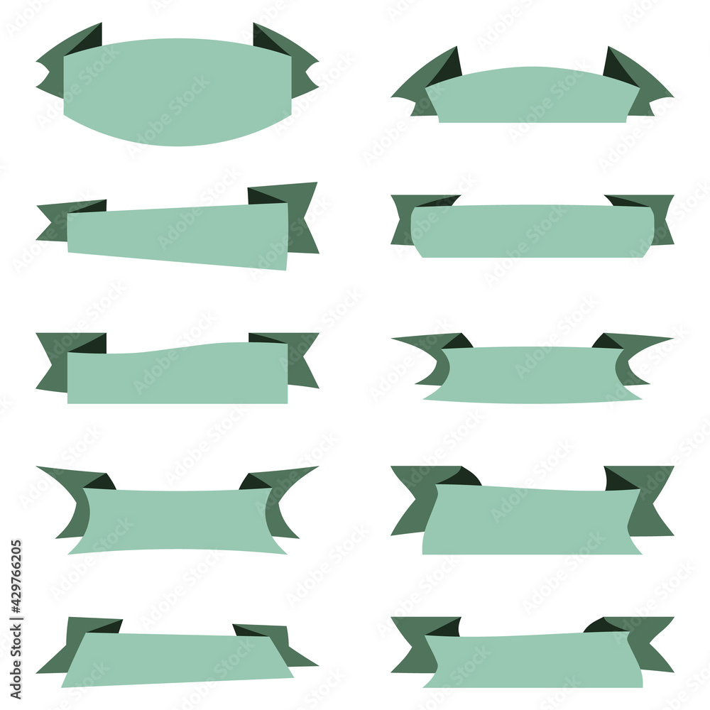 Vector collection of ribbons banners on white backdrop. Flat very light greenish blue ribbons isolated. Place for your text. Ten banners for business and design. Elements set for decor, logo, postcard