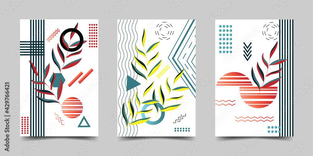 A set of covers in the style of Memphis. Vector abstract background with geometric shapes. Fashionable cover, banner, poster, booklet.