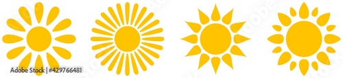Sonne oder Sonnenschein Symbol Kollektion als Vektor auf einem weißen isolierten Hintergrund.
Gezackte und gerundete Strahlen. Tropfen form.