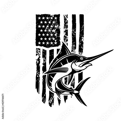 American flag with  swordfish illustration. Design element for poster, card, banner, t shirt. Vector illustration
