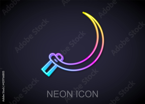 Glowing neon line Sickle icon isolated on black background. Reaping hook sign. Vector