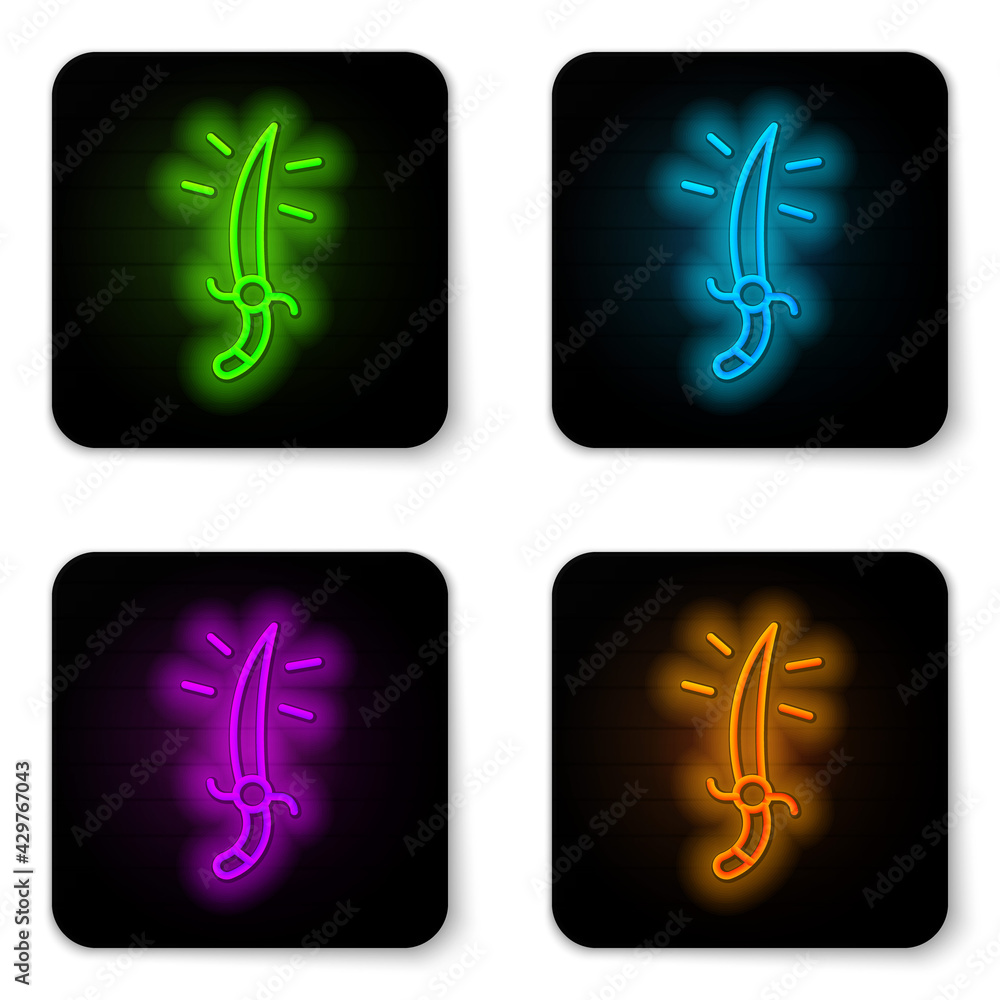 Glowing neon line Arabian saber icon isolated on white background. Black square button. Vector Glowing neon line Arabian saber icon isolated on white background. Black square button. Vector