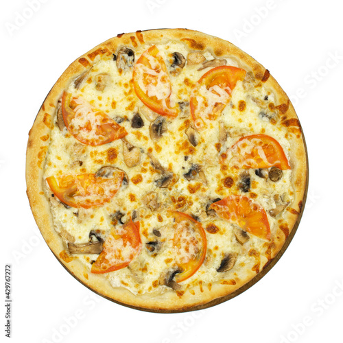 Pizza with cream sauce, mushrooms and tomatoes.