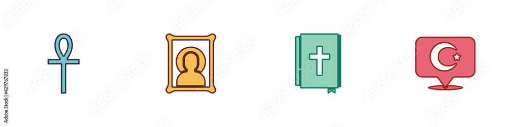 Set Cross ankh, Christian icon, Holy bible book and Star and crescent icon. Vector Set Cross ankh, Christian icon, Holy bible book and Star and crescent icon. Vector
