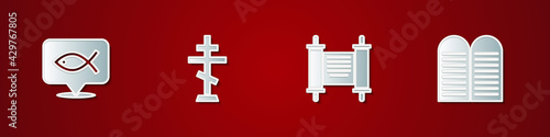 Set Christian fish, cross, Decree, paper, parchment, scroll and The commandments icon. Vector