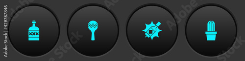 Set Tequila bottle, Maracas, Tabasco sauce and Cactus or succulent in pot icon. Vector