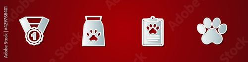 Set Dog award symbol, Bag of food for pet, Clinical record and Paw print icon. Vector