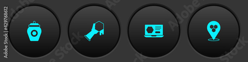 Set Jar of honey, Honeycomb and hand, online service and bee location icon. Vector