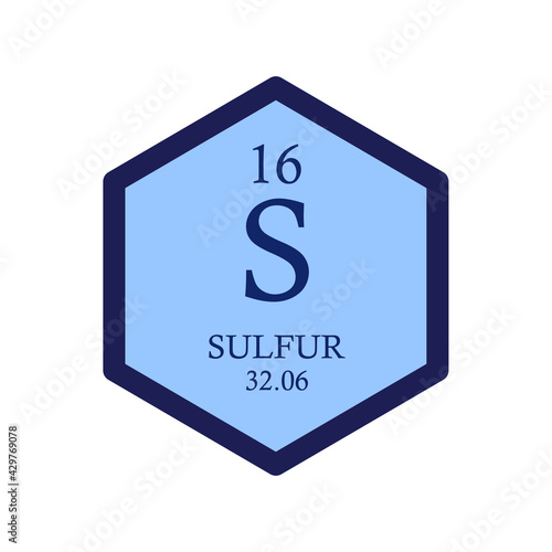 S Sulfur Non reactive metal Chemical Element Periodic Table. Hexagon vector illustration, simple clean style Icon with molar mass and atomic number for Lab, science or chemistry education.