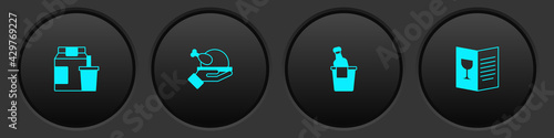 Set Online ordering and delivery, Roasted turkey chicken, Champagne ice bucket and Restaurant cafe menu icon. Vector