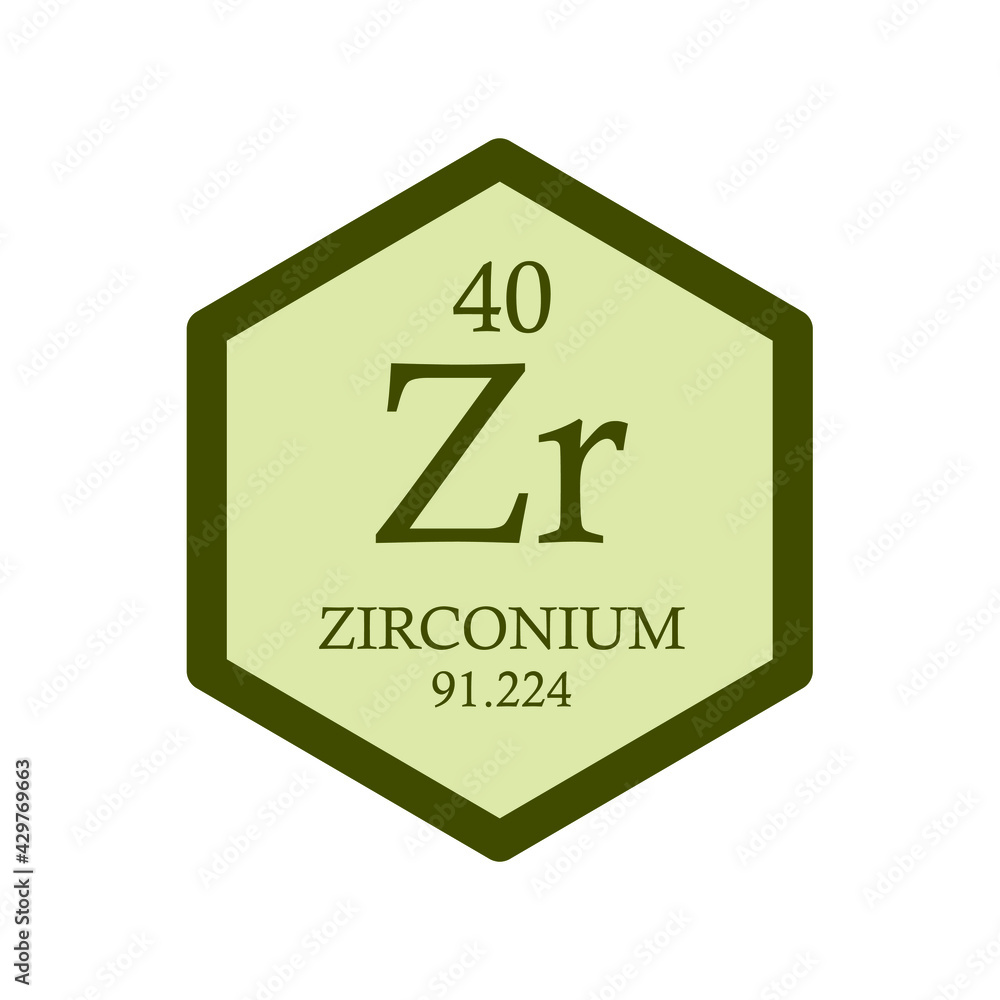 Zr Zirconium Transition metal Chemical Element Periodic Table. Hexagon vector illustration