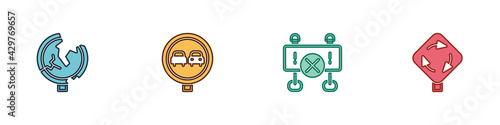 Set Road traffic sign, No overtaking road, barrier and Roundabout icon. Vector