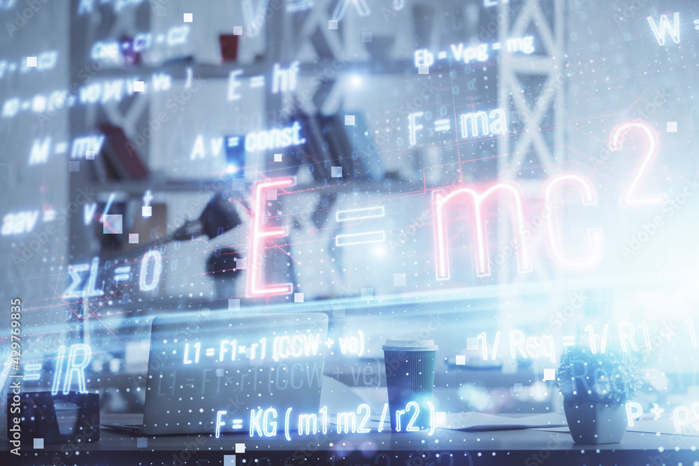 Double exposure of formulas drawing and office interior background. Concept of education. Double exposure of formulas drawing and office interior background. Concept of education.