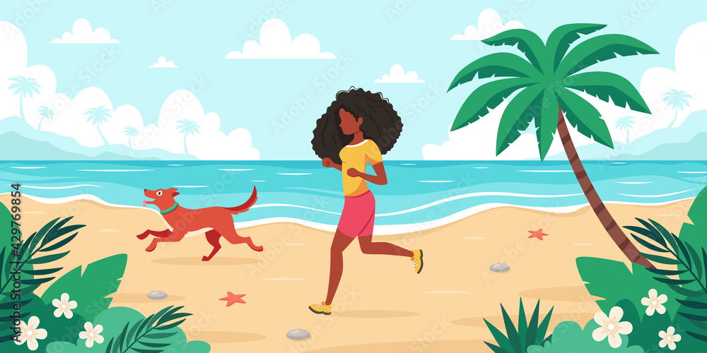 Leisure time on beach. Black woman jogging with dog. Summer time. Vector illustration Leisure time on beach. Black woman jogging with dog. Summer time. Vector illustration